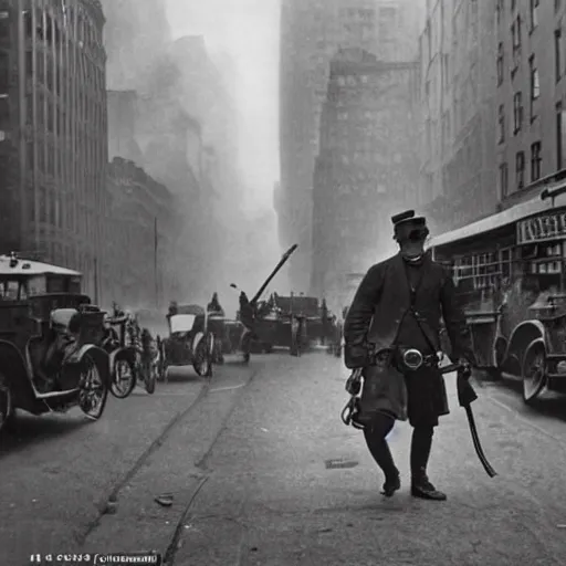 Image similar to old black and white photo, 1 9 1 3, depicting dieselpunk combat cyborg walking through the bustling streets of new york city, historical record