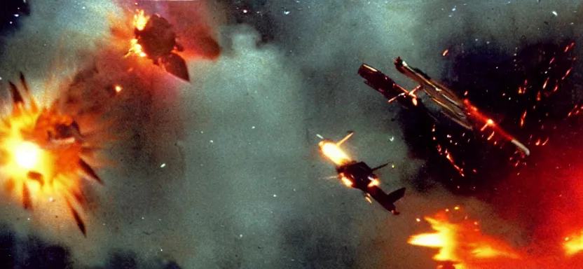 Image similar to a film still of an epic ww 2 space battle, explosions, directed by roger corman, wide angle, rule of thirds, colorful, 4 k, hd, hyperrealistic, 7 0 mm