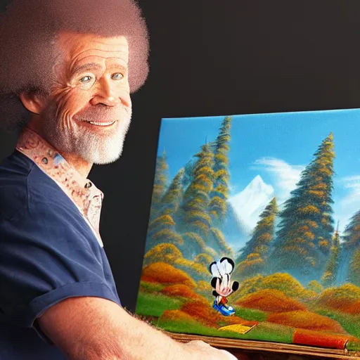 Image similar to a closeup photorealistic photograph of bob ross working on a canvas painting of mickey mouse. film still. brightly lit scene. mountains and trees. this 4 k hd image is trending on artstation, featured on behance, well - rendered, extra crisp, features intricate detail, epic composition and the style of unreal engine.