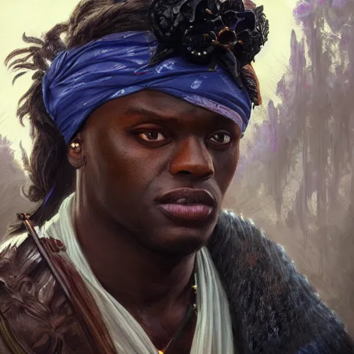 Prompt: KSI wearing a bandana, closeup, D&D style, fantasy, intricate, elegant, highly detailed, digital painting, artstation, concept art, matte, sharp focus, illustration, art by Artgerm and Greg Rutkowski and Alphonse Mucha