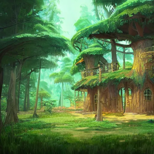 Image similar to concept art painting of treehouses made out of trees, trees with doors and windows in a deep forest, realistic, detailed, cel shaded, in the style of makoto shinkai and greg rutkowski and james gurney