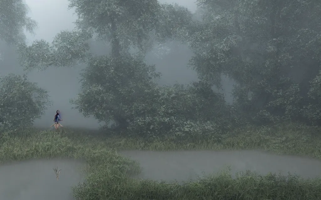 Image similar to gorgeous fairy looking into an aethereal pond in a gloomy meadow covered by fog, photorealistic, 8K rendered with octane