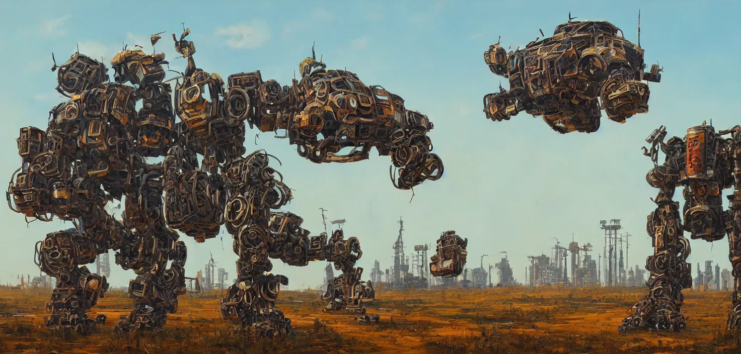 Prompt: an intricate oil painting of a giant chinese armored gorilla shaped scrap metal mecha by simon stalenhag, soviet decals