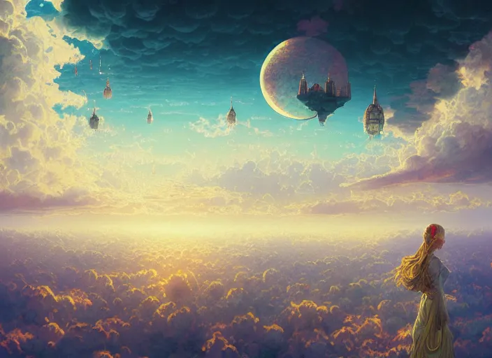 Image similar to floating city on clouds, dark fantasy, highly detailed, high quality, digital painting, alena aenami, lilia alvarado, shinji aramaki, karol bak, alphonse mucha, tom bagshaw