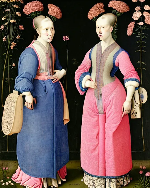 Image similar to portrait of two women with blue pink long hair wearing a blue jacket and baggy jeans, standing in a big garden full of plants and flowers, intricate details, high detail, in the style of rogier van der weyden and jacopo da pontormo, punk, asian art,