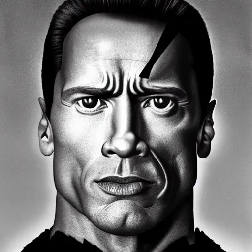 Image similar to ( dwayne rock johnson ) have a body and face of arnold arnold schwarzenegger from terminator movie. symmetric face, coherent face, coherent eyes, symmetric eyes