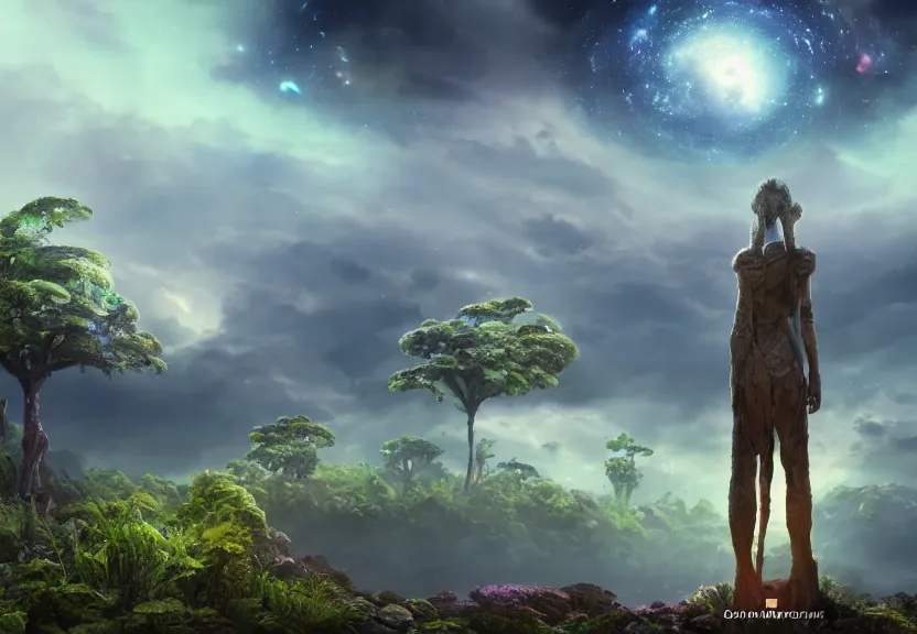 Image similar to Eastern Island statue walking on a alien planet with alien plants and a giant galaxy appearing in the sky, digital art, anime style, 8K HDR, octane render, unreal engine 5, path tracing, breathtaking landscape, cinematic lighting, trending on Artstation, high quality, highly detailed, trending on DeviantArt, concept art