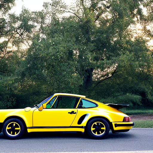 Image similar to an attractive young women driving a yellow 1 9 8 5 porsche 9 1 1 turbo, sunset, 4 k