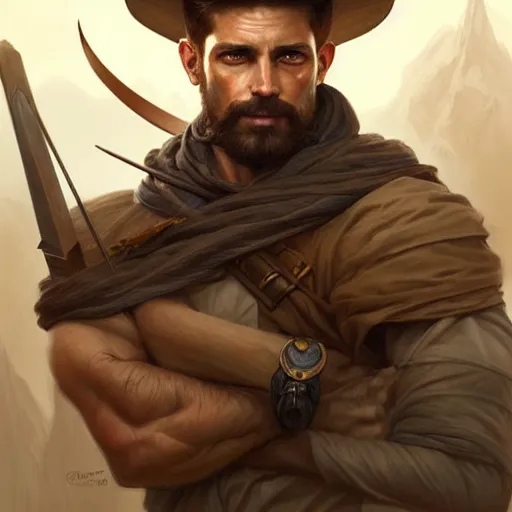 Prompt: Portrait of rugged male ranger, D&D, amber eyes, face muscular, fantasy, intricate, elegant, highly detailed, digital painting, artstation, concept art, smooth, sharp focus, illustration, art by artgerm and greg rutkowski and alphonse mucha