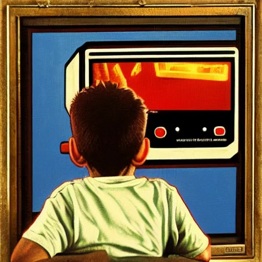 Image similar to a boy playing a video game on a wood panel CRT tv 1985 late at night oil on canvas