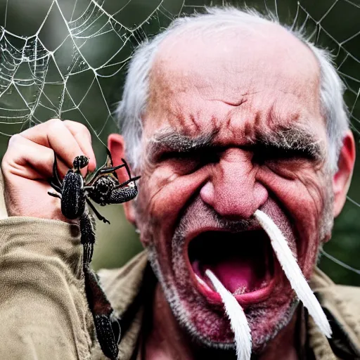 Image similar to National Geographic photo of angry old man with spiders in his mouth