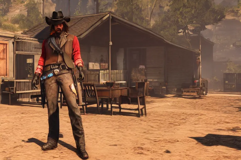 Image similar to mccree from overwatch in red dead redemption 2, high detailed, 4 k, screenshot