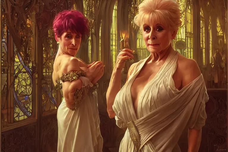Image similar to barbara windsor singing a hall of mirrors, real life skin, intricate, elegant, highly detailed, artstation, concept art, smooth, sharp focus, art by artgerm and greg rutkowski and alphonse mucha