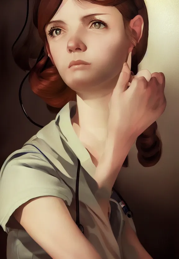 Image similar to a portrait of a tired female nurse in world war 2, 1 9 4 0 setting, sad colors, soft lighting, atmospheric, cinematic, moody, in the style of ilya kuvshinov, range murata, luiz escanuela, alyssa monk, hyperrealism, rule of thirds, oil on canvas, 8 k