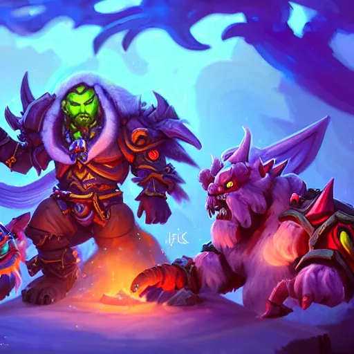 Image similar to cute creatures. blizzard warcraft creatures, epic background, bright art masterpiece artstation. 8k, sharp high quality illustration in style of Jose Daniel Cabrera Pena and Leonid Kozienko, magical colored theme, concept art by Tooth Wu, hearthstone card game artwork