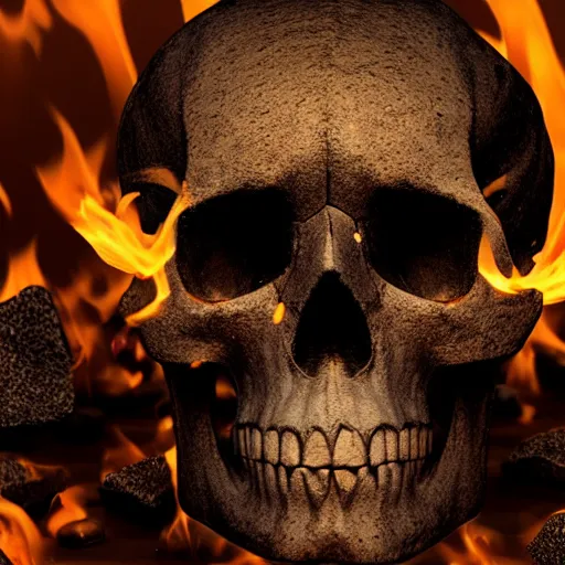 Image similar to a skull on a pile of burning coals and embers, isometric, 3 d render, 8 k