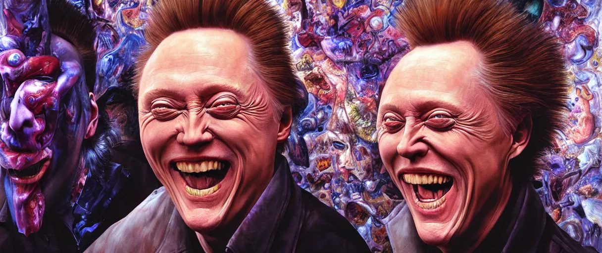 Image similar to abstract hyperrealist painting of christopher walken laughing at me concept art wayne barlowe hannah yata very dramatic lighting 8k wide angle shallow depth of field