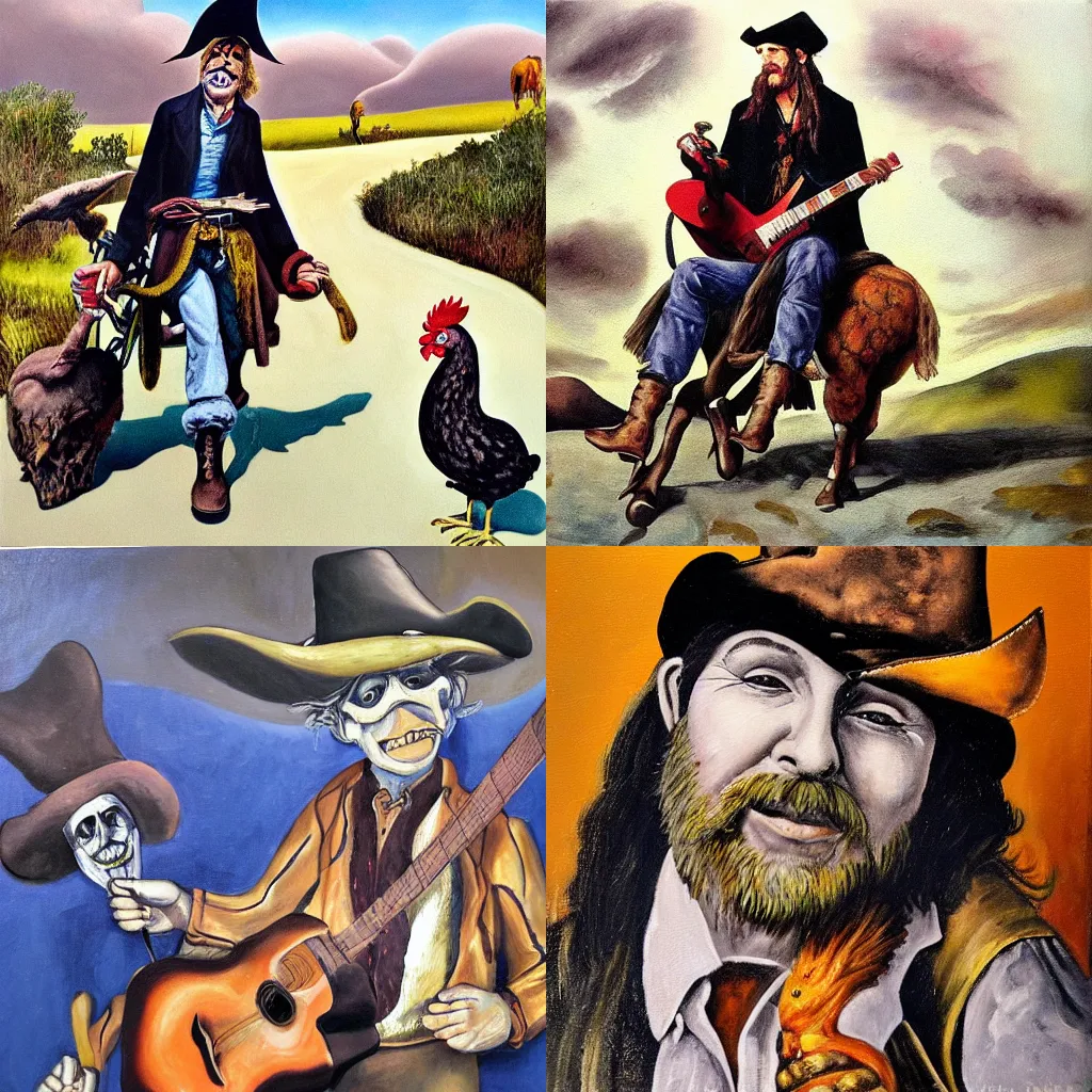 Prompt: oil painting of A ramblin\' man A pirate of love A rider on the range A seventh son of a seventh son A love rustler A desperado The man in black Jon the conqueroo the worlds forgotten boy Meat man Mr blues The velvet fog the silver fox the little cloud that cried The best dressed chicken in town in style of paula rego