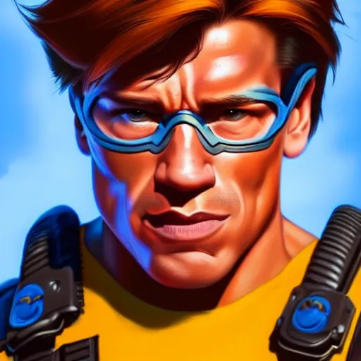 Image similar to a screenshot of arnold schwarzenegger as tracer in overwatch, portrait, fantasy, beautiful face, vivid colors, elegant, concept art, sharp focus, digital art, hyper - realistic, 4 k, unreal engine, highly detailed, hd, dramatic lighting by brom, trending on artstation