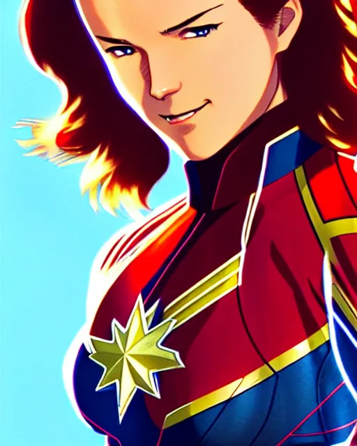 Prompt: captain marvel | | very very anime!!!, fine - face, smiling, realistic shaded perfect face, fine details. anime. realistic shaded lighting poster by ilya kuvshinov katsuhiro otomo ghost - in - the - shell, magali villeneuve, artgerm, jeremy lipkin and michael garmash and rob rey