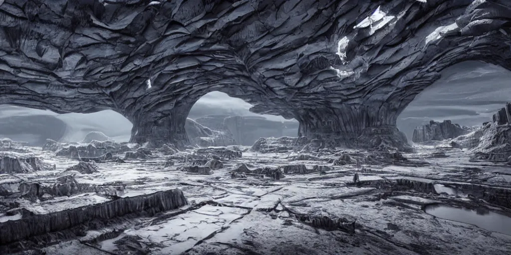 Image similar to a vast and epic ancient interior of an alien city buried with in a glacier deep in the mountains of antarctica, moody and lonely