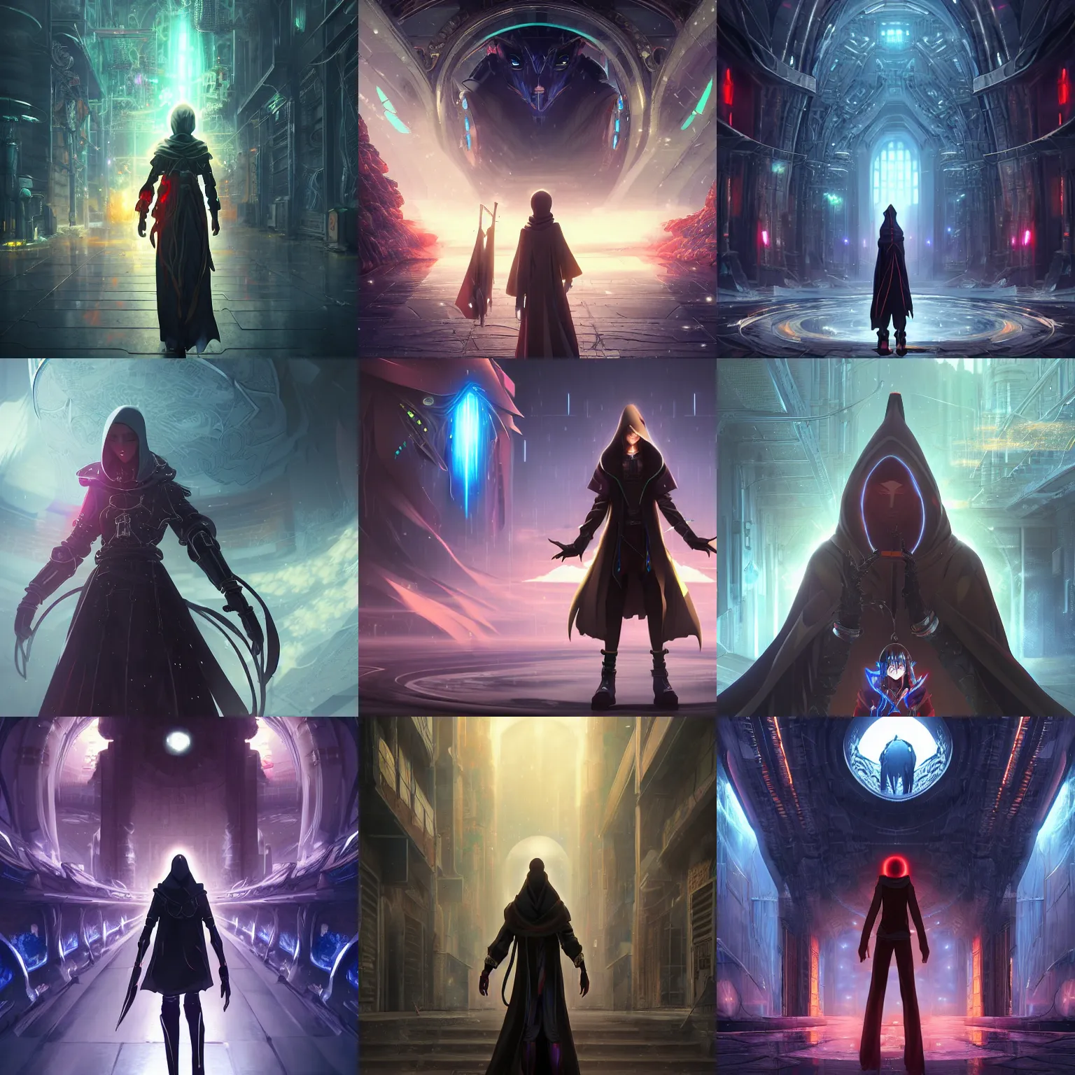 Prompt: 2.5D CGI anime fantasy artwork of a hooded intricate cybernetic sorcerer character with high quality glistening beautiful colors, rich moody dark atmosphere, omnipotent, megastructure realistic detailed background, portrait in the style of Makoto Shinkai and Greg Rutkowski