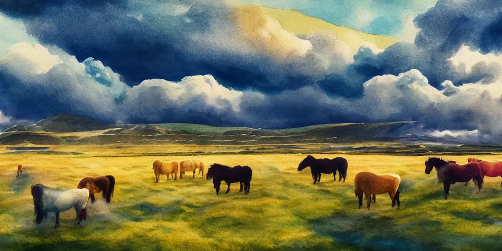 Prompt: a beautiful painting of a icelandic farm, icelandic horses galloping, storm clouds gathering over the town, by studio ghibli 8 k pastel colours, isometric drone shot smeared watercolours, golden light film grain