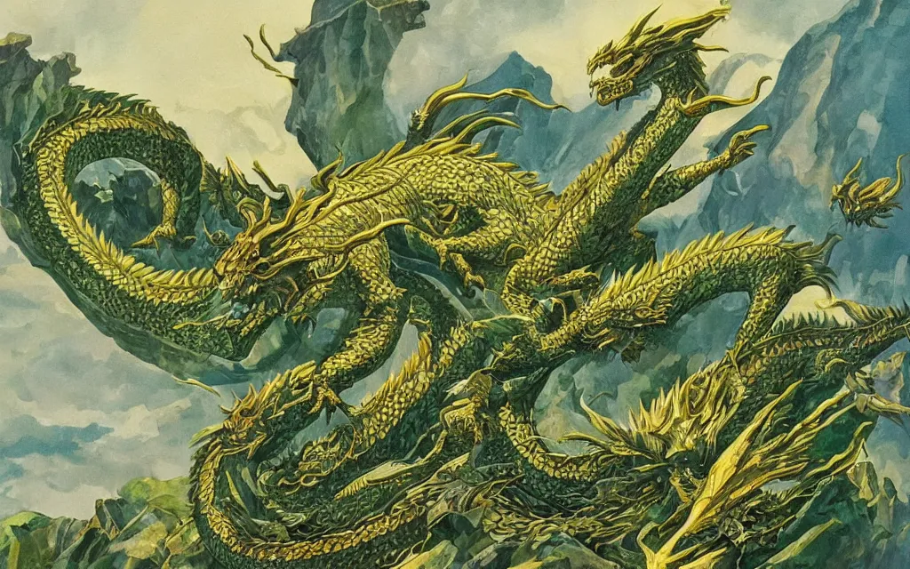 Image similar to green dragon overseeing a large gold mountain, view from above, detailed art