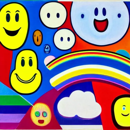 Image similar to clouds with rainbow colors, smiley faces, Edvard Munch, David Hockney, Takashi Murakami, Minimalist,