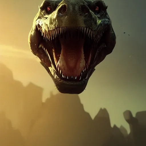 Image similar to a portrait of a trex, dramatic lighting, cinematic, establishing shot, extremly high detail, photorealistic, cinematic lighting, artstation, style by greg rutkowski