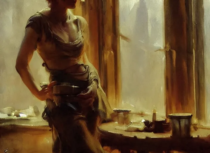 Image similar to oil watercolor painting of young rugged woman in western bar, shaven stubble, short hair, mysterious light, art by anders zorn, wonderful masterpiece by greg rutkowski, beautiful cinematic light, american romanticism by greg manchess, creation by tyler edlin