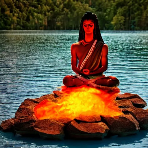 Prompt: fashion editorial photo of Shiva meditating on a lake of fire, hyperrealism