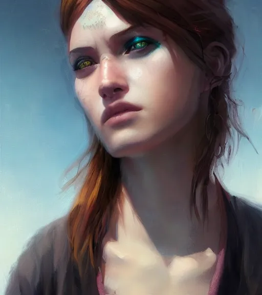 Prompt: girl on a rooftop, cyberpunk, medium shot, realistic detailed face, wearing a shirt, by charlie bowater, by wlop, by jeremy lipking, expressive oil painting, portrait, digital art, photorealistic model shoot, realistic body