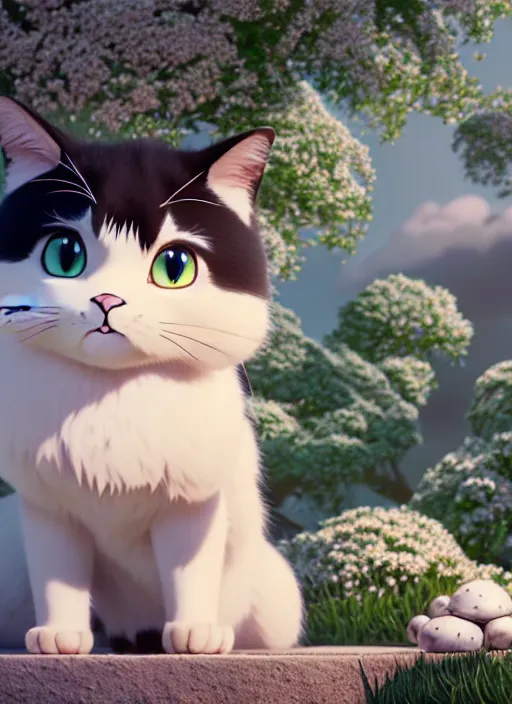 Prompt: a wholesome animation key shot of a cute white with black round spots cat, studio ghibli, pixar and disney animation, sharp, rendered in unreal engine 5, anime key art by greg rutkowski, bloom, dramatic lighting