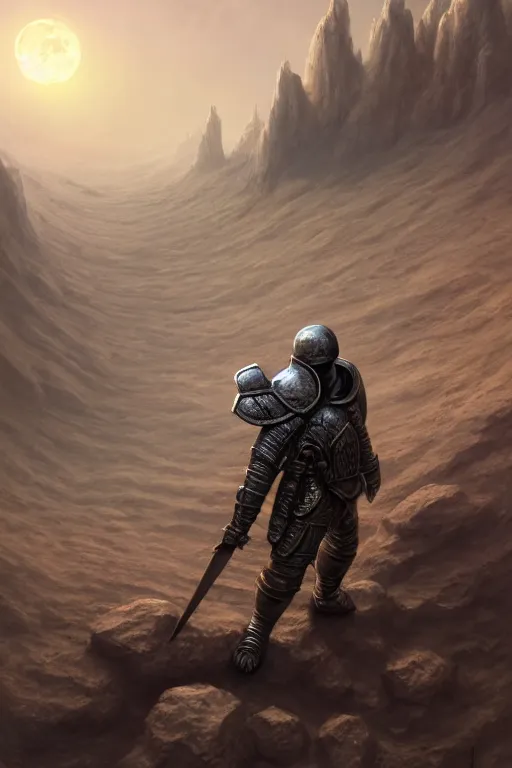 Prompt: crusader in armor standing in moon crater, highly detailed, d & d, fantasy, highly detailed, digital painting, trending on artstation, concept art, sharp focus, illustration, global illumination, ray tracing, realistic shaded, art by artgerm and greg rutkowski and fuji choko and viktoria gavrilenko and hoang lap, sunny