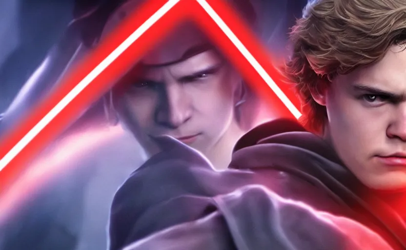 Prompt: a portrait of anakin skywalker looking angrily into the camera wielding a red lightsaber, detailed, cinematic, raytracing, realistic, detailed, cinematic, raytracing, realistic