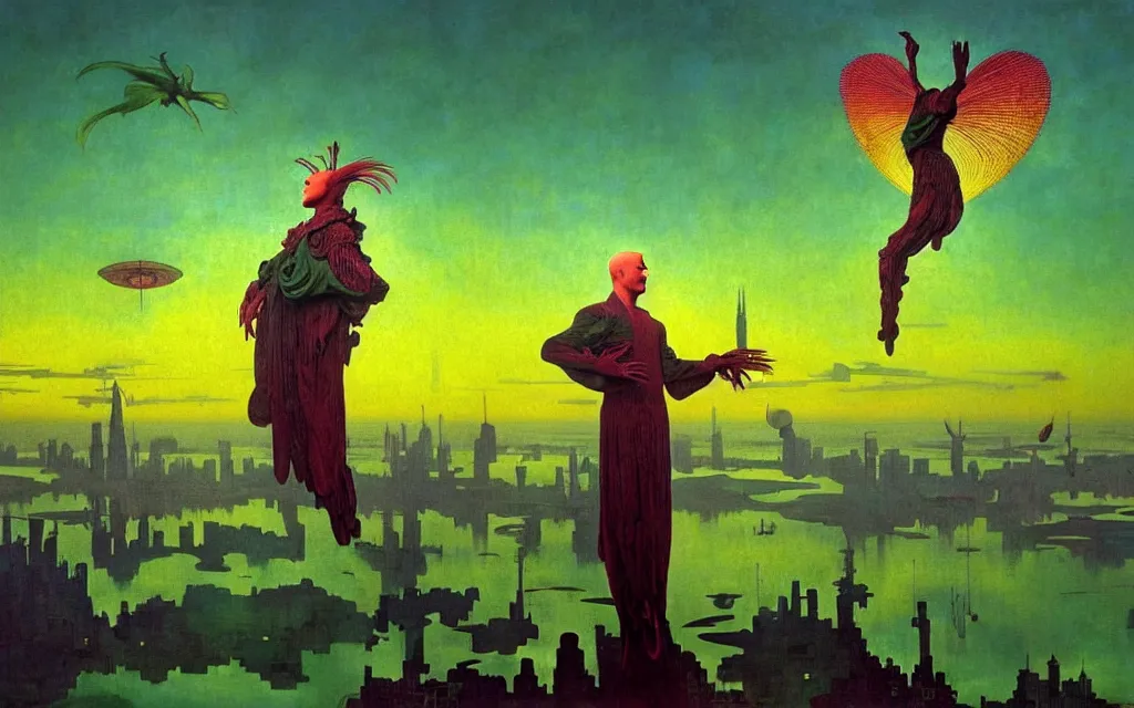 Prompt: realistic detailed portrait movie shot of a birdman wearing green robes, futuristic city sunset landscape background by denis villeneuve, yves tanguy, alphonse mucha, ernst haeckel, max ernst, roger dean, masterpiece, rich moody colours, ethereal, occult, blue eyes