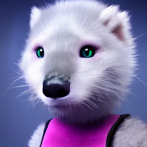 Image similar to white mink with nimbus of pink bacteria around the neck, unreal engine, starring at camera, matte background, high symmetry, 8k