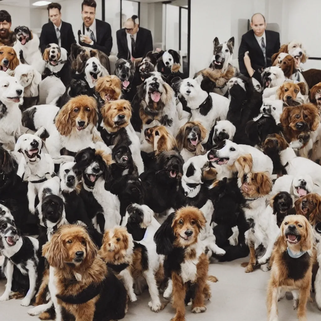 Prompt: an office full of dogs wearing suits