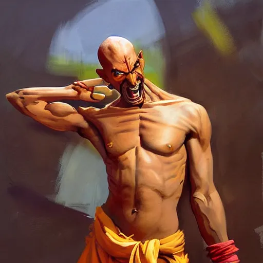 Image similar to greg manchess portrait painting of dhalsim from street fighter spitting fire as overwatch character, medium shot, asymmetrical, profile picture, organic painting, sunny day, matte painting, bold shapes, hard edges, street art, trending on artstation, by huang guangjian and gil elvgren and gerald brom