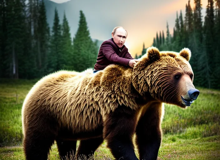 Image similar to portrait photo of putin riding his grizzly bear to work at dawn. fantasy magic style. highly detailed 8 k. intricate. lifelike. soft light. sony a 7 r iv 5 5 mm. cinematic post - processing.
