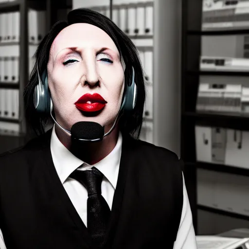 Image similar to Marilyn Manson, wearing office attire, working in a call center, portrait photography, bokeh, depth of field, 4k