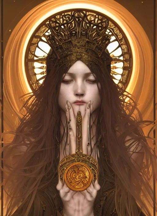 Image similar to beautiful priestess girl tarot card portrait, biomechanical, intricate artwork masterpiece, majestic, elden ring cinematic lighting, volumetric 8 k, by alphonse mucha, apollonia saintclair, josan gonzalez, artgerm, edmund leighton, kilian eng, trending on cgsociety, octane render, 8 k