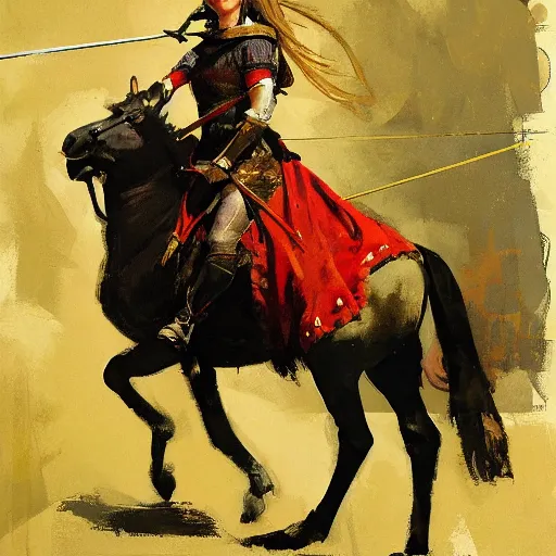 Prompt: portrait of woman wearing on horseback medieval clothing aiming a bow and arrow, detailed by greg manchess, craig mullins, bernie fuchs, walter everett