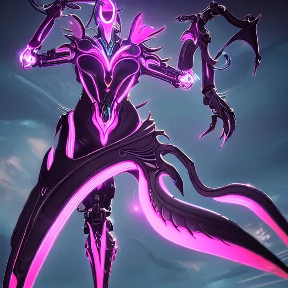 Image similar to highly detailed giantess shot exquisite warframe fanart, worm's eye view, looking up at a giant beautiful stunning saryn prime female warframe, as a stunning anthropomorphic robot female dragon, looming over you, dancing elegantly over you, sleek bright white armor with glowing fuchsia accents, proportionally accurate, anatomically correct, sharp detailed robot dragon paws, two arms, two legs, camera close to the legs and feet, giantess shot, furry shot, upward shot, ground view shot, paw shot, leg and hip shot, elegant shot, epic low shot, high quality, captura, realistic, sci fi, professional digital art, high end digital art, furry art, macro art, giantess art, anthro art, DeviantArt, artstation, Furaffinity, 3D realism, 8k HD octane render, epic lighting, depth of field
