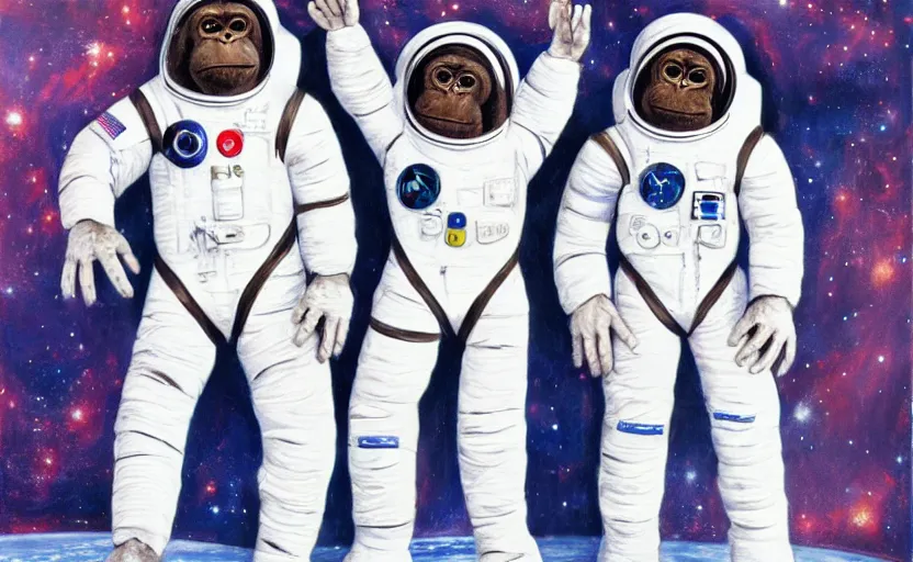 Prompt: two humanoid apes in white space suits from the 70s holding hands in a space station towards the camera, oil painting