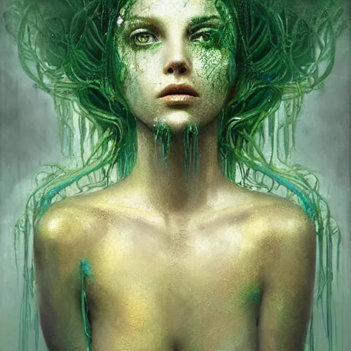 Prompt: Medusa by cy Twombly and BASTIEN LECOUFFE DEHARME, gold and emerald, iridescent, volumetric lighting