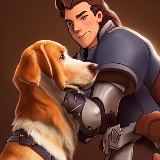 Prompt: reinhardt petting a brown dog, highly detailed, hyperrealistic, smooth focus, sharp, artstation