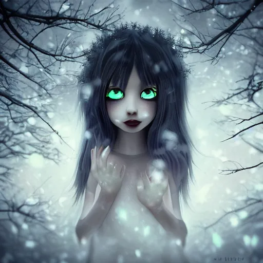 Prompt: focus face portrait of beautiful darkness witch 3D anime girl, dark forest background, snowing, snowflakes, bokeh, inspired by Tim Burton, digital painting, high contrast, unreal engine render, volumetric lighting, high détail