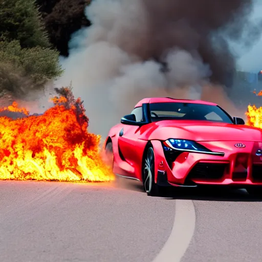 Prompt: Toyota Supra driving trough fire, 8k UHD, studio photography, high quality, high detail, stunning lighting